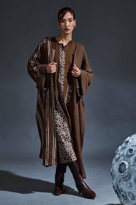 Banana Labs_Brown Cotton Embroidery V-neck Hand Block Printed Dress And Overcoat Set _Online_at_Aza_Fashions