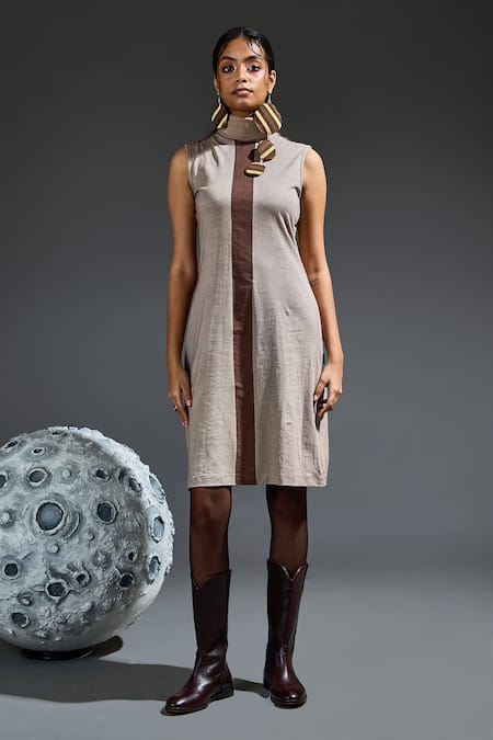 Banana Labs_Brown Cotton Embroidery High Neck Hand Block Printed Dress And Overcoat Set _Online_at_Aza_Fashions