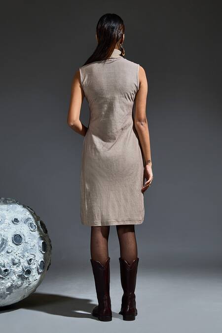 Buy_Banana Labs_Brown Cotton Embroidery High Neck Hand Block Printed Dress And Overcoat Set _Online_at_Aza_Fashions