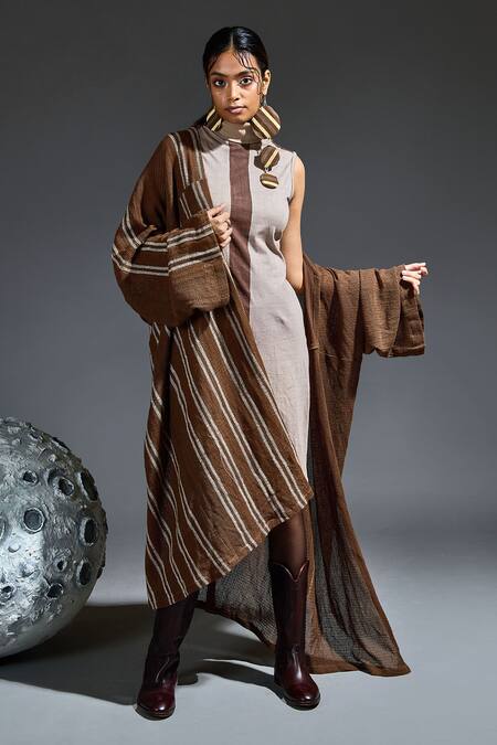 Shop_Banana Labs_Brown Cotton Embroidery High Neck Hand Block Printed Dress And Overcoat Set _Online_at_Aza_Fashions
