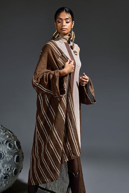 Banana Labs_Brown Cotton Embroidery High Neck Hand Block Printed Dress And Overcoat Set _at_Aza_Fashions