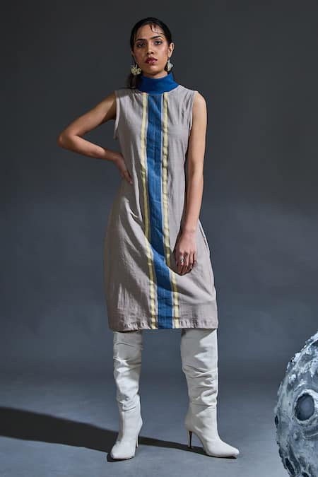 Banana Labs_Gray Cotton V-, High Hand Block Stripe Kaftan With Inner Dress _Online_at_Aza_Fashions
