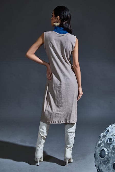 Buy_Banana Labs_Gray Cotton V-, High Hand Block Stripe Kaftan With Inner Dress _Online_at_Aza_Fashions