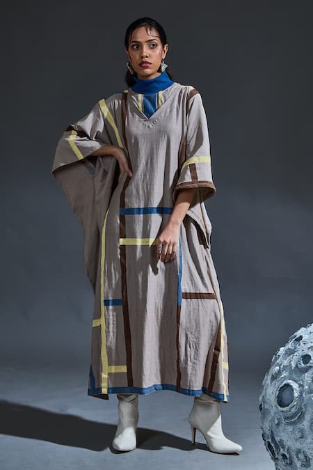 Shop_Banana Labs_Gray Cotton V-, High Hand Block Stripe Kaftan With Inner Dress _Online_at_Aza_Fashions