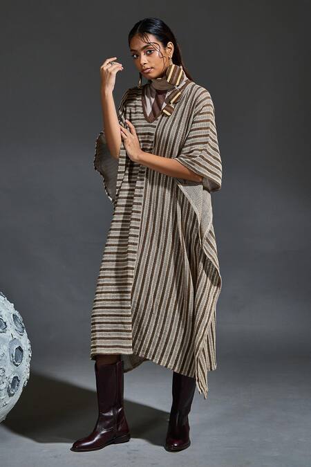 Shop_Banana Labs_Brown Cotton V-, High Hand Block Stripe Kaftan And Dress Set _Online_at_Aza_Fashions