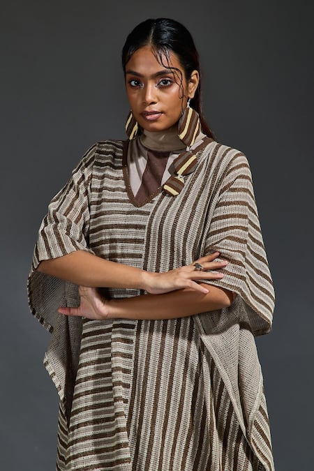 Banana Labs_Brown Cotton V-, High Hand Block Stripe Kaftan And Dress Set _at_Aza_Fashions