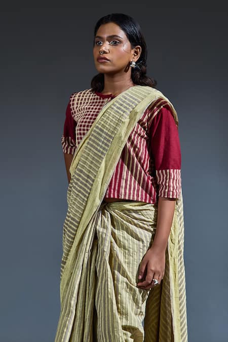 Buy_Banana Labs_Cream Cotton Round Neck Hand Block Printed Saree And Long Blouse _Online_at_Aza_Fashions