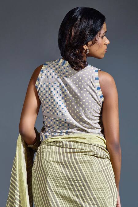 Shop_Banana Labs_Cream Cotton Collared Stripe Hand Block Print Saree Set _Online_at_Aza_Fashions