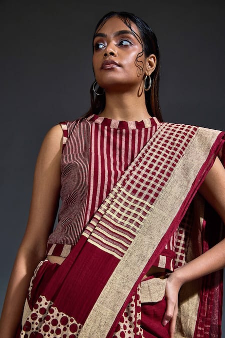 Buy_Banana Labs_Maroon Cotton Embroidery Hand Block Printed Saree _Online_at_Aza_Fashions