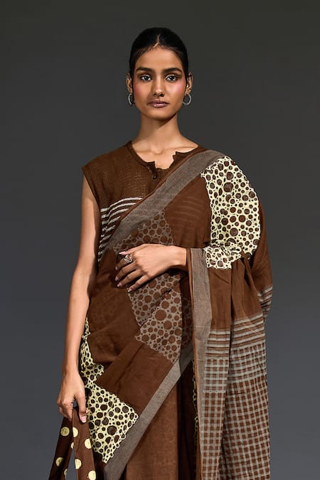 Banana Labs_Brown Cotton Embroidery Hand Block Printed Saree _Online_at_Aza_Fashions