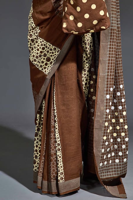 Buy_Banana Labs_Brown Cotton Embroidery Hand Block Printed Saree _Online_at_Aza_Fashions