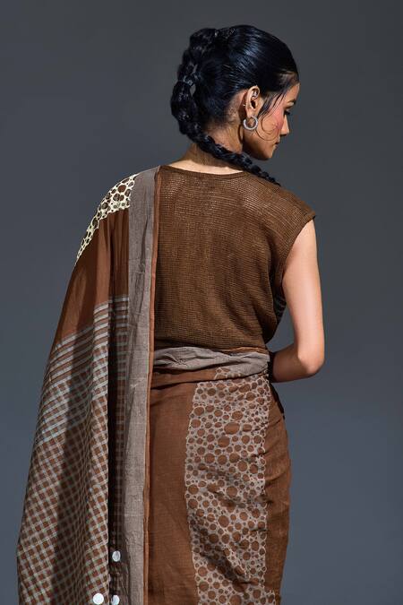 Shop_Banana Labs_Brown Cotton Embroidery Hand Block Printed Saree _Online_at_Aza_Fashions