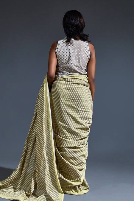 Shop_Banana Labs_Cream Cotton Stripe Hand Block Print Saree _at_Aza_Fashions