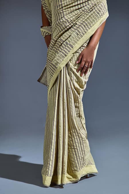 Banana Labs_Cream Cotton Stripe Hand Block Print Saree _Online_at_Aza_Fashions