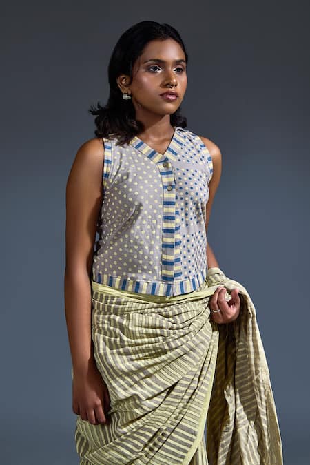 Buy_Banana Labs_Cream Cotton Stripe Hand Block Print Saree _Online_at_Aza_Fashions