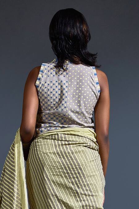 Shop_Banana Labs_Cream Cotton Stripe Hand Block Print Saree _Online_at_Aza_Fashions