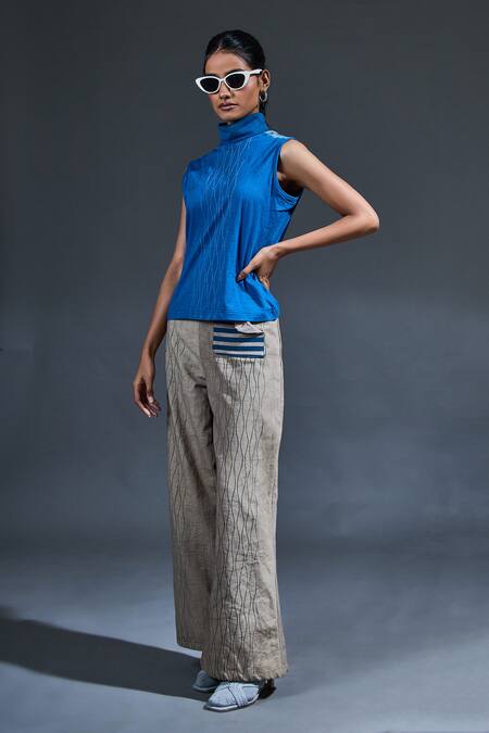 Shop Banana Labs Blue Cotton Hand Block Jaal High Collar Print Top And Flared Pant Set at Aza Fashions Shop_Banana Labs_Blue Cotton Hand Block Jaal High Collar Print Top And Flared Pant Set_at_Aza_Fashions