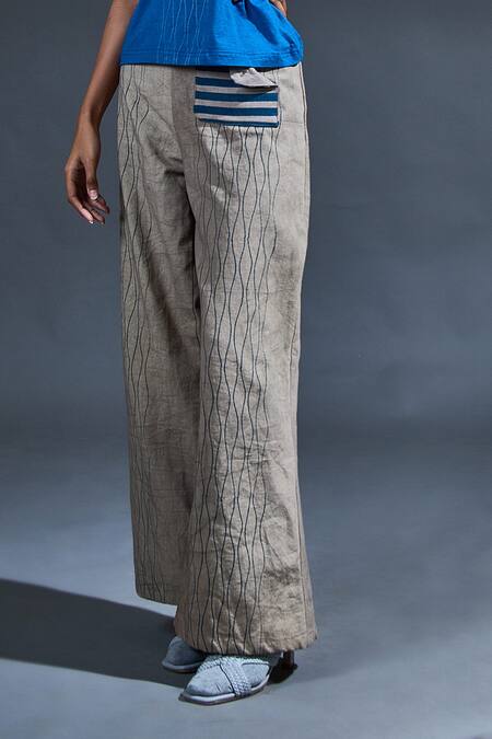 Banana Labs Blue Cotton Hand Block Jaal High Collar Print Top And Flared Pant Set Online at Aza Fashions Banana Labs_Blue Cotton Hand Block Jaal High Collar Print Top And Flared Pant Set_Online_at_Aza_Fashions