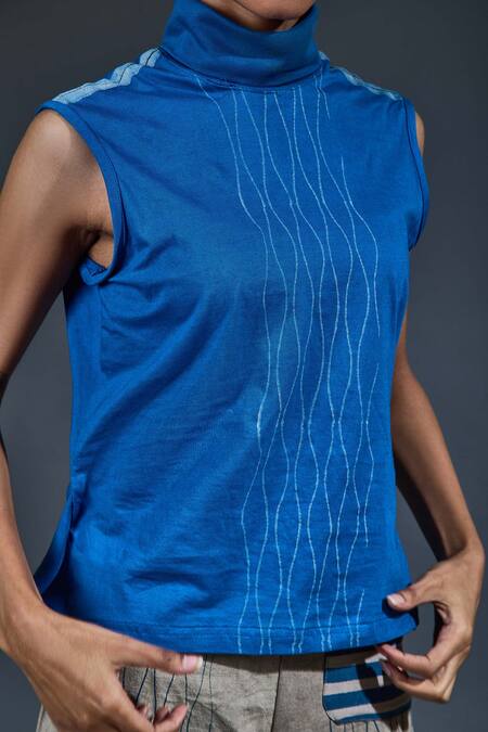 Buy Banana Labs Blue Cotton Hand Block Jaal High Collar Print Top And Flared Pant Set Online at Aza Fashions Buy_Banana Labs_Blue Cotton Hand Block Jaal High Collar Print Top And Flared Pant Set_Online_at_Aza_Fashions