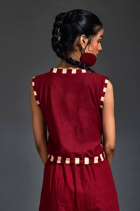 Shop Banana Labs Maroon Cotton Hand Block Stripes Round Top And Flared Pant Set at Aza Fashions Shop_Banana Labs_Maroon Cotton Hand Block Stripes Round Top And Flared Pant Set_at_Aza_Fashions