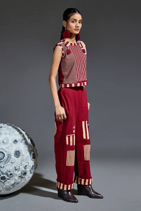 Banana Labs Maroon Cotton Hand Block Stripes Round Top And Flared Pant Set Online at Aza Fashions Banana Labs_Maroon Cotton Hand Block Stripes Round Top And Flared Pant Set_Online_at_Aza_Fashions