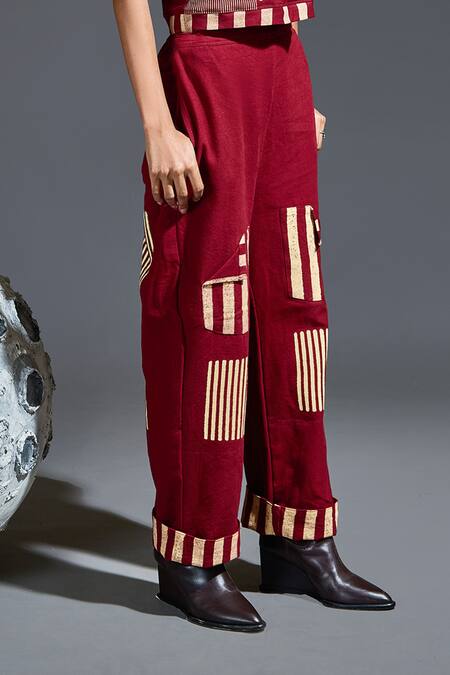 Buy Banana Labs Maroon Cotton Hand Block Stripes Round Top And Flared Pant Set Online at Aza Fashions Buy_Banana Labs_Maroon Cotton Hand Block Stripes Round Top And Flared Pant Set_Online_at_Aza_Fashions