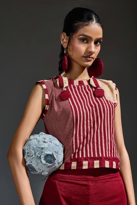 Shop Banana Labs Maroon Cotton Hand Block Stripes Round Top And Flared Pant Set Online at Aza Fashions Shop_Banana Labs_Maroon Cotton Hand Block Stripes Round Top And Flared Pant Set_Online_at_Aza_Fashions