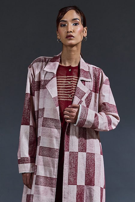 Banana Labs_Maroon Cotton Embroidery Round Neck Hand Block Printed Pant Set _Online_at_Aza_Fashions