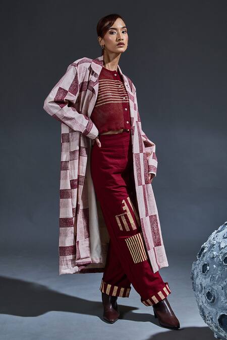 Buy_Banana Labs_Maroon Cotton Embroidery Round Neck Hand Block Printed Pant Set _Online_at_Aza_Fashions