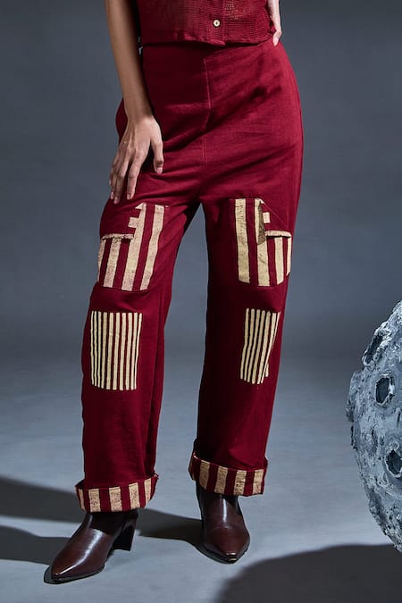 Shop_Banana Labs_Maroon Cotton Embroidery Round Neck Hand Block Printed Pant Set _Online_at_Aza_Fashions