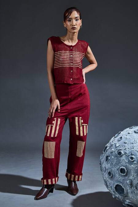 Banana Labs_Maroon Cotton Embroidery Round Neck Hand Block Printed Pant Set _at_Aza_Fashions