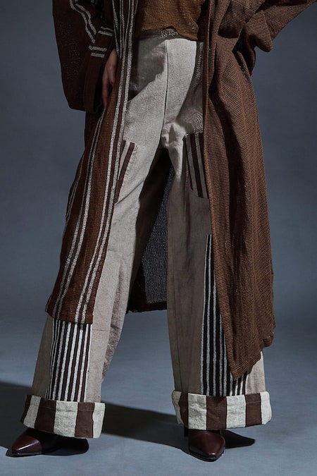 Banana Labs_Brown Cotton Embroidery Round Neck Hand Block Stripe Overcoat Pant Set _Online_at_Aza_Fashions
