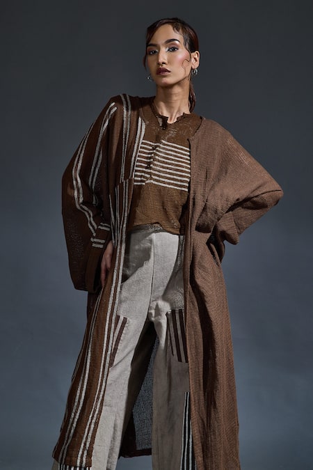 Buy_Banana Labs_Brown Cotton Embroidery Round Neck Hand Block Stripe Overcoat Pant Set _Online_at_Aza_Fashions