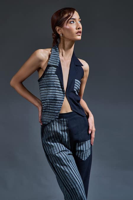 Shop Banana Labs Black Cotton Hand Block Stripes Lapel Collar Waistcoat Pant Set at Aza Fashions Shop_Banana Labs_Black Cotton Hand Block Stripes Lapel Collar Waistcoat Pant Set_at_Aza_Fashions