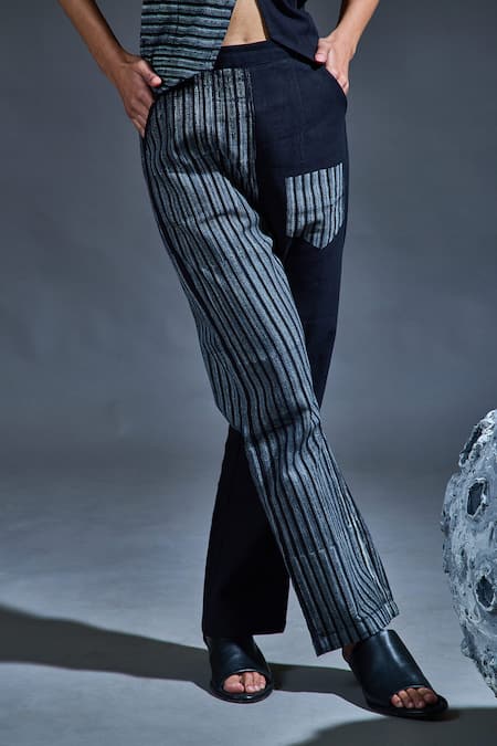 Banana Labs Black Cotton Hand Block Stripes Lapel Collar Waistcoat Pant Set Online at Aza Fashions Banana Labs_Black Cotton Hand Block Stripes Lapel Collar Waistcoat Pant Set_Online_at_Aza_Fashions
