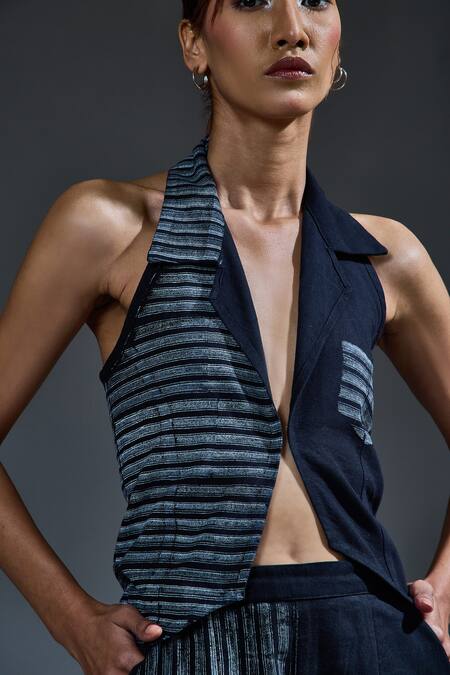 Buy Banana Labs Black Cotton Hand Block Stripes Lapel Collar Waistcoat Pant Set Online at Aza Fashions Buy_Banana Labs_Black Cotton Hand Block Stripes Lapel Collar Waistcoat Pant Set_Online_at_Aza_Fashions