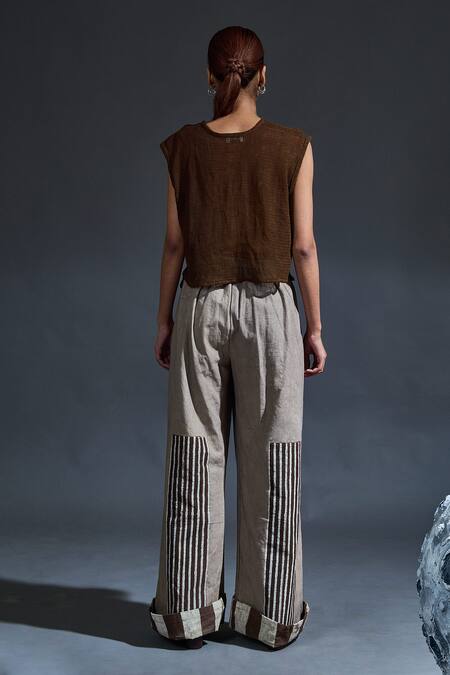 Shop Banana Labs Brown Cotton Hand Block Stripes Round Top And Flared Pant Set at Aza Fashions Shop_Banana Labs_Brown Cotton Hand Block Stripes Round Top And Flared Pant Set_at_Aza_Fashions