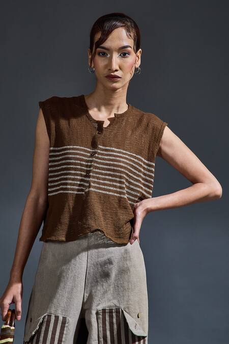 Banana Labs Brown Cotton Hand Block Stripes Round Top And Flared Pant Set Online at Aza Fashions Banana Labs_Brown Cotton Hand Block Stripes Round Top And Flared Pant Set_Online_at_Aza_Fashions