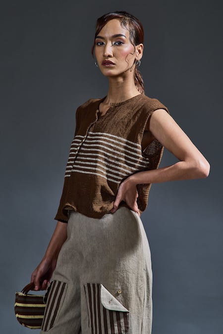 Buy Banana Labs Brown Cotton Hand Block Stripes Round Top And Flared Pant Set Online at Aza Fashions Buy_Banana Labs_Brown Cotton Hand Block Stripes Round Top And Flared Pant Set_Online_at_Aza_Fashions