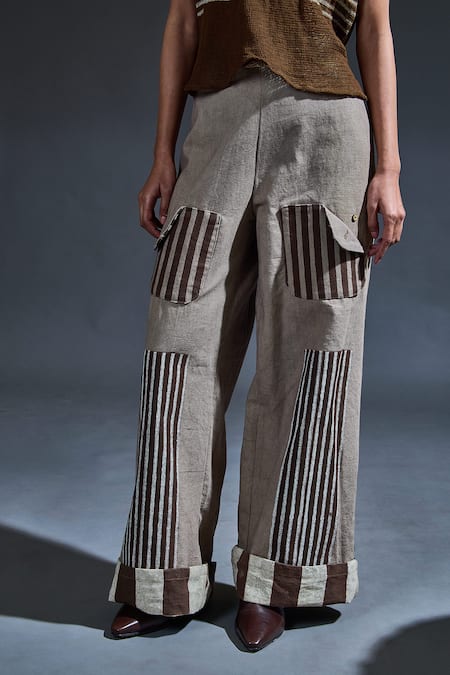 Banana Labs Brown Cotton Hand Block Stripes Round Top And Flared Pant Set at Aza Fashions Banana Labs_Brown Cotton Hand Block Stripes Round Top And Flared Pant Set_at_Aza_Fashions