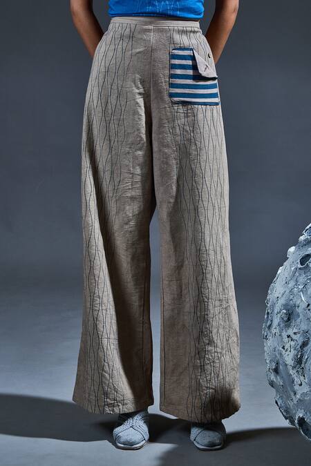 Buy_Banana Labs_Gray Cotton Embroidery Asymmetric, High Grey Jaal Print Shirt And Flared Pant Set _Online_at_Aza_Fashions