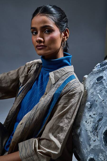 Shop_Banana Labs_Gray Cotton Embroidery Asymmetric, High Grey Jaal Print Shirt And Flared Pant Set _Online_at_Aza_Fashions