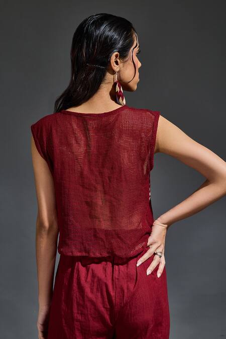 Shop Banana Labs Maroon Cotton Hand Block Stripes Round Mesh Top And Flared Pant Set at Aza Fashions Shop_Banana Labs_Maroon Cotton Hand Block Stripes Round Mesh Top And Flared Pant Set_at_Aza_Fashions