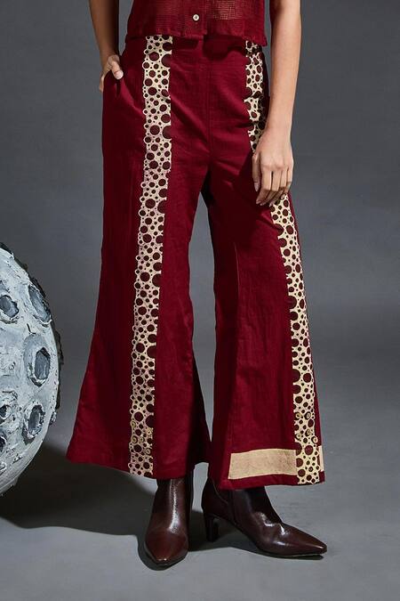 Banana Labs Maroon Cotton Hand Block Stripes Round Mesh Top And Flared Pant Set Online at Aza Fashions Banana Labs_Maroon Cotton Hand Block Stripes Round Mesh Top And Flared Pant Set_Online_at_Aza_Fashions
