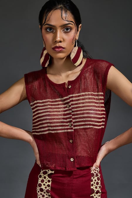 Buy Banana Labs Maroon Cotton Hand Block Stripes Round Mesh Top And Flared Pant Set Online at Aza Fashions Buy_Banana Labs_Maroon Cotton Hand Block Stripes Round Mesh Top And Flared Pant Set_Online_at_Aza_Fashions