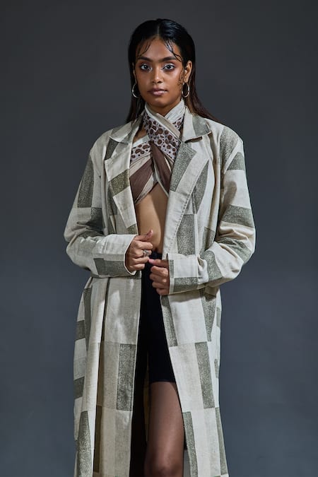 Shop_Banana Labs_Gray Cotton Hand Block Checks Lapel Collar Grey Printed Trench Coat_at_Aza_Fashions