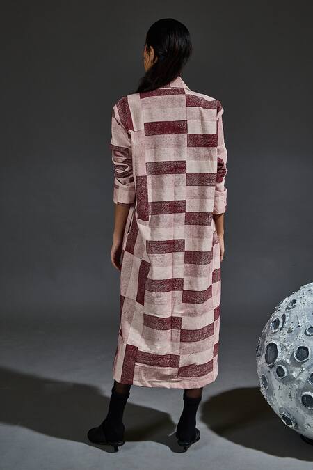 Shop Banana Labs Maroon Cotton Hand Block Checks Lapel Collar Checkered Trench Coat at Aza Fashions Shop_Banana Labs_Maroon Cotton Hand Block Checks Lapel Collar Checkered Trench Coat_at_Aza_Fashions