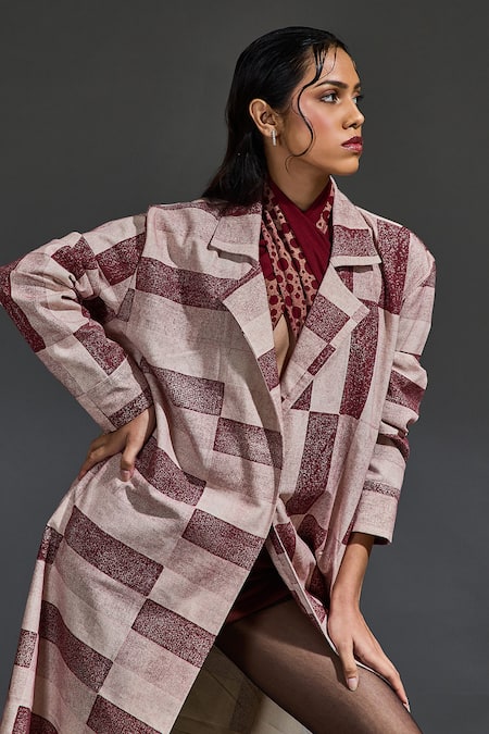 Buy Banana Labs Maroon Cotton Hand Block Checks Lapel Collar Checkered Trench Coat Online at Aza Fashions Buy_Banana Labs_Maroon Cotton Hand Block Checks Lapel Collar Checkered Trench Coat_Online_at_Aza_Fashions
