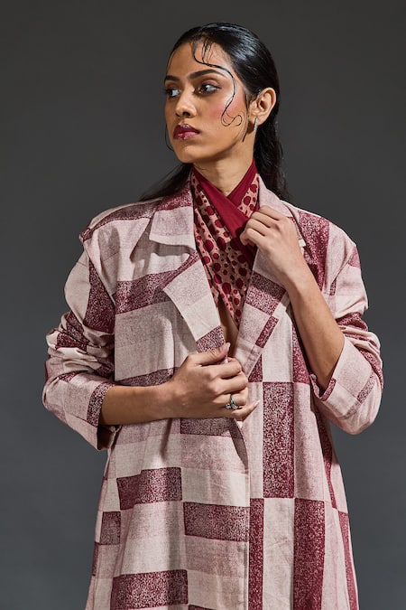 Shop Banana Labs Maroon Cotton Hand Block Checks Lapel Collar Checkered Trench Coat Online at Aza Fashions Shop_Banana Labs_Maroon Cotton Hand Block Checks Lapel Collar Checkered Trench Coat_Online_at_Aza_Fashions