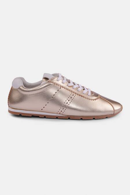 Heel Your Sole_Gold Brooches Metallic Brogue Lace Up Sneakers _Online_at_Aza_Fashions